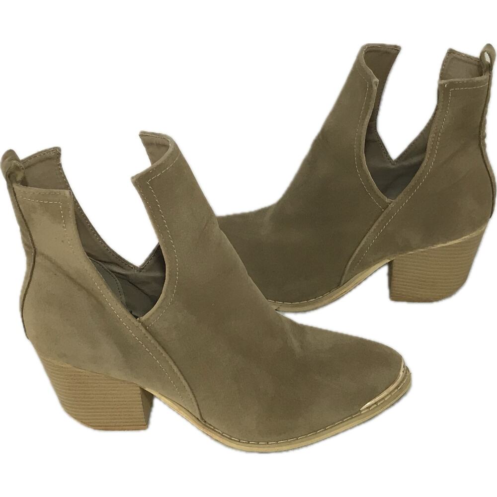 Miim V Cut Tan Block Heel Faux Suede Western Point Toe Ankle Boot Women 9